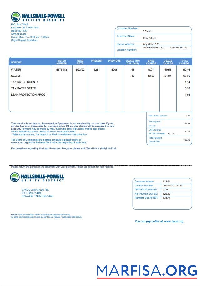 Blank USA Hallsdale Powell utility bill template in Word and PDF format
